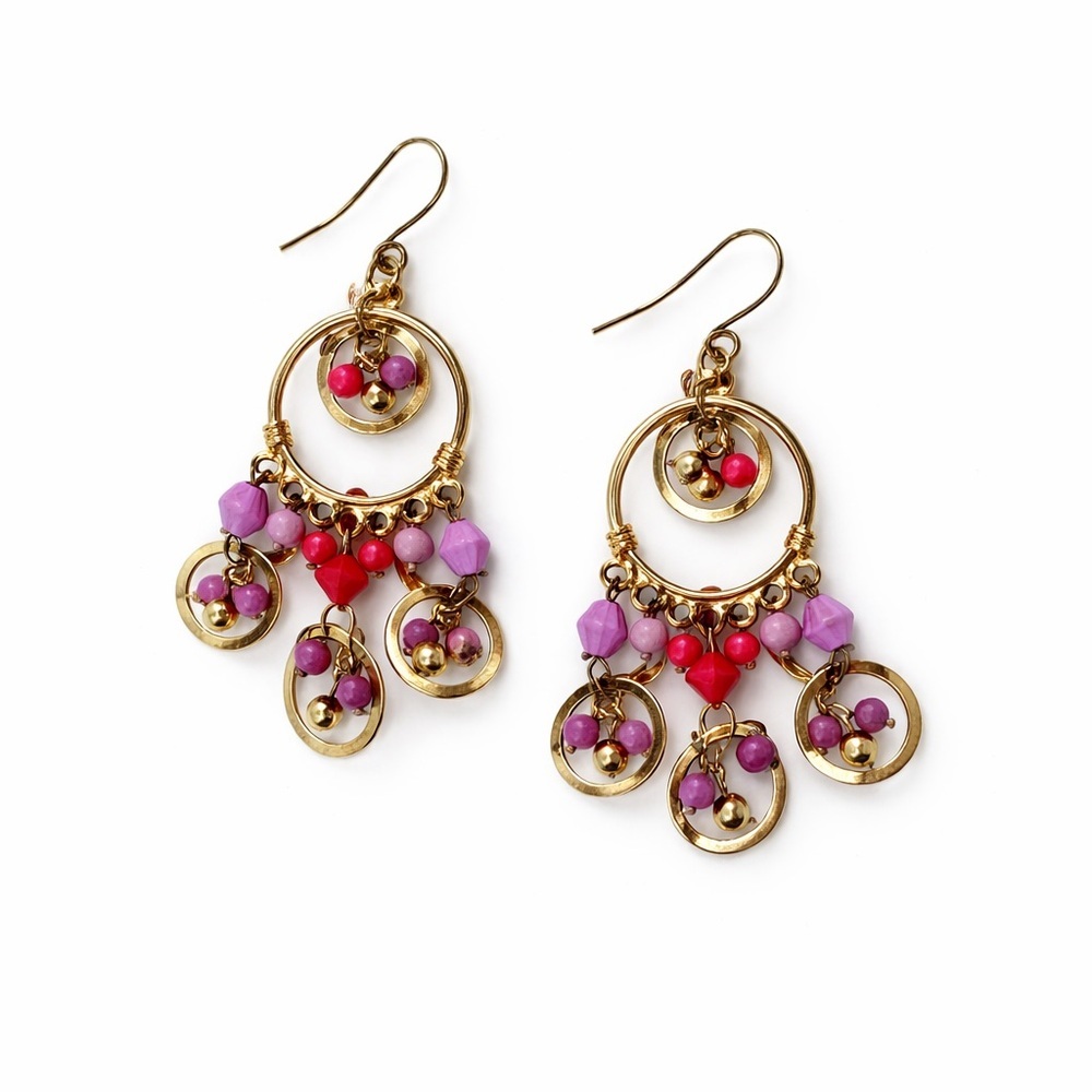 Gold Tone Beaded‎ Dangle Earrings Pink Purple Boho Statement